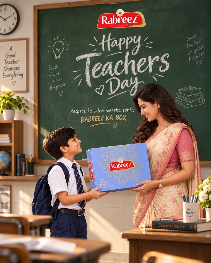 Teachers Day creative ad: Schoolboy handing a sweets gift box to a smiling teacher in a saree
