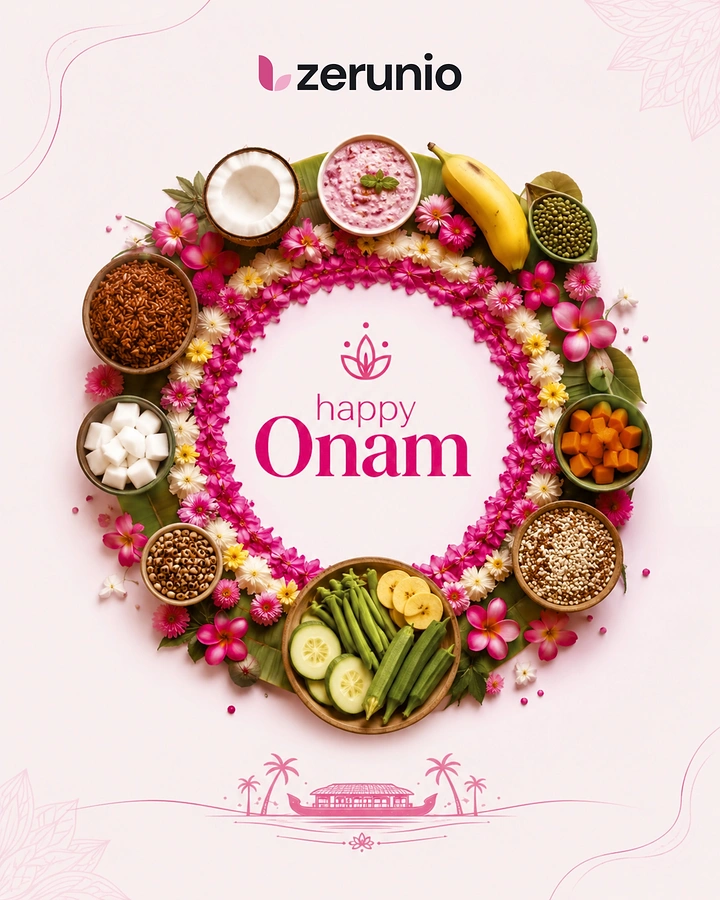 Onam creative ad: Circular wreath of flowers and bowls of Onam sadya ingredients
