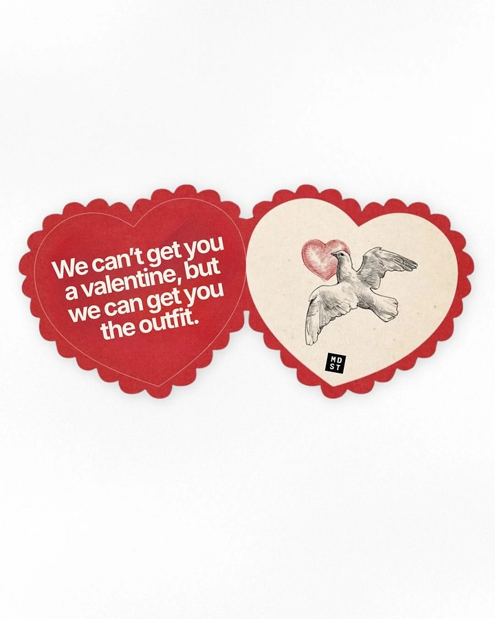 Valentine's Day creative ad: Open double-heart valentine card with sketched dove carrying a heart