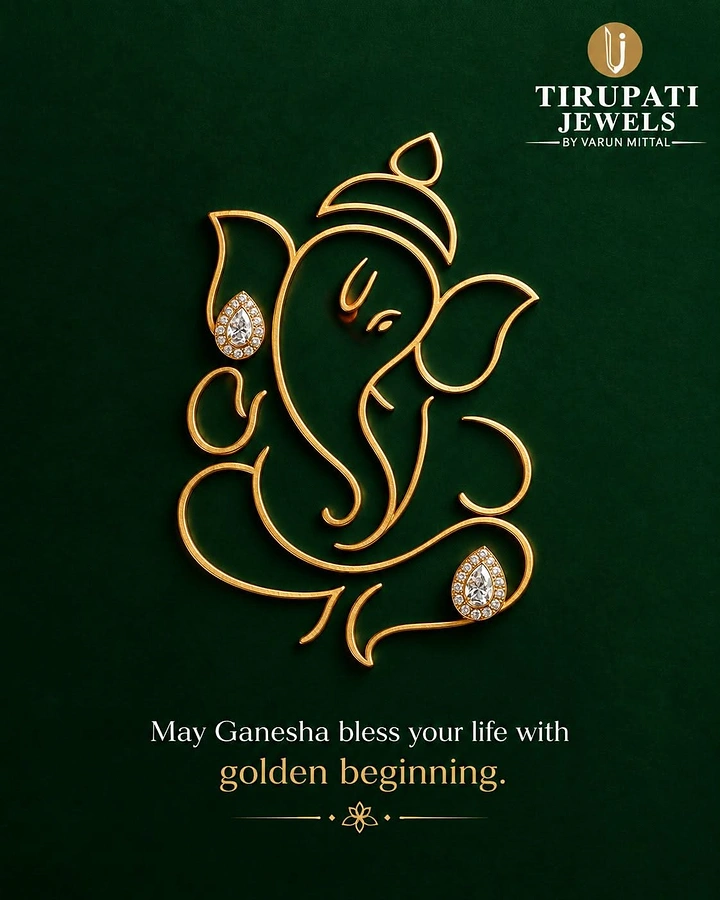 Ganesh Chaturthi creative ad: Gold wire-sculpted Ganesha outline set with pear diamond earrings