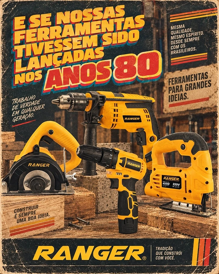 Construction creative ad: Yellow power tools (drill, circular saw, cordless driver, jigsaw) on a workshop bench