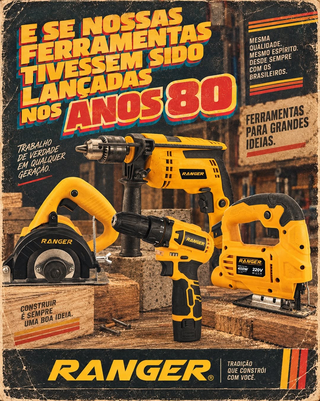 Carousel: Yellow power tools (drill, circular saw, cordless driver, jigsaw) on a workshop bench, slide 1