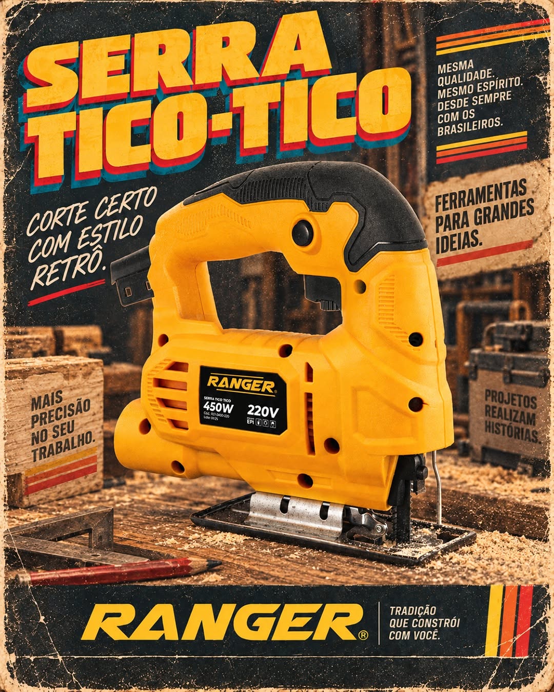 Carousel: Yellow power tools (drill, circular saw, cordless driver, jigsaw) on a workshop bench, slide 5
