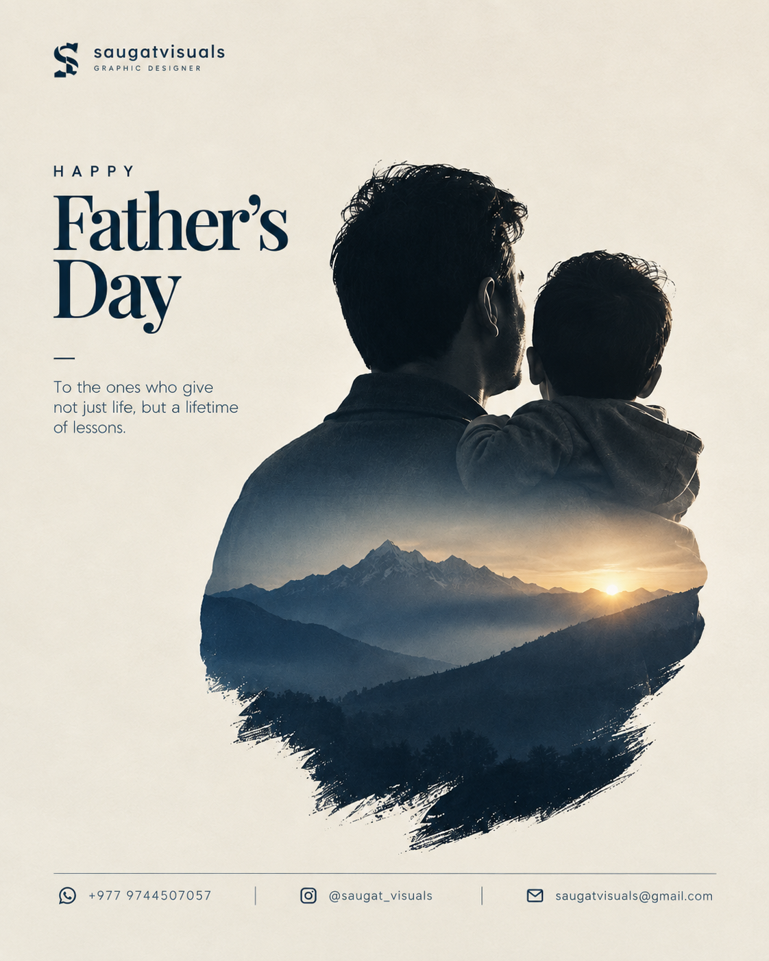 Double-exposure silhouette of father carrying child over a mountain sunrise
