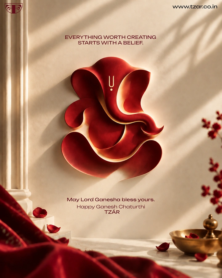 Ganesh Chaturthi creative ad: Sculpted red layered-paper Ganesha relief on cream wall