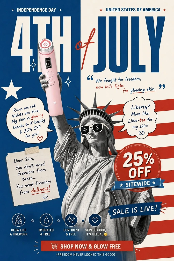 Independence Day creative ad: Witty 'Liber-tea' skincare copy, Liberty collage