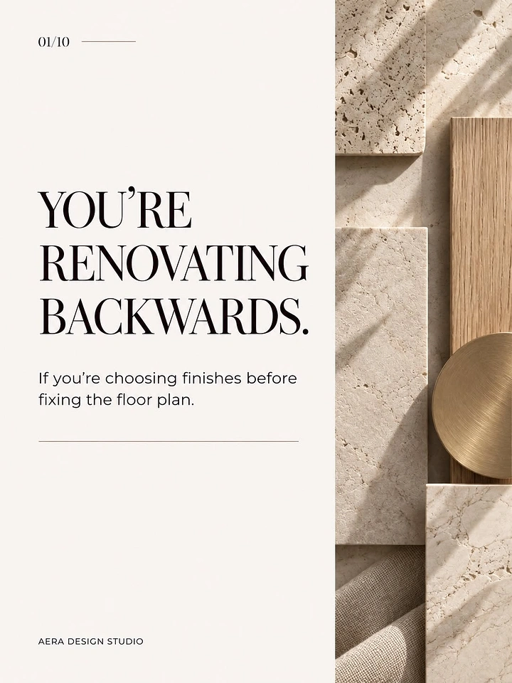 Home Renovation & Remodeling creative ad: Material moodboard of stone, wood and metal finishes