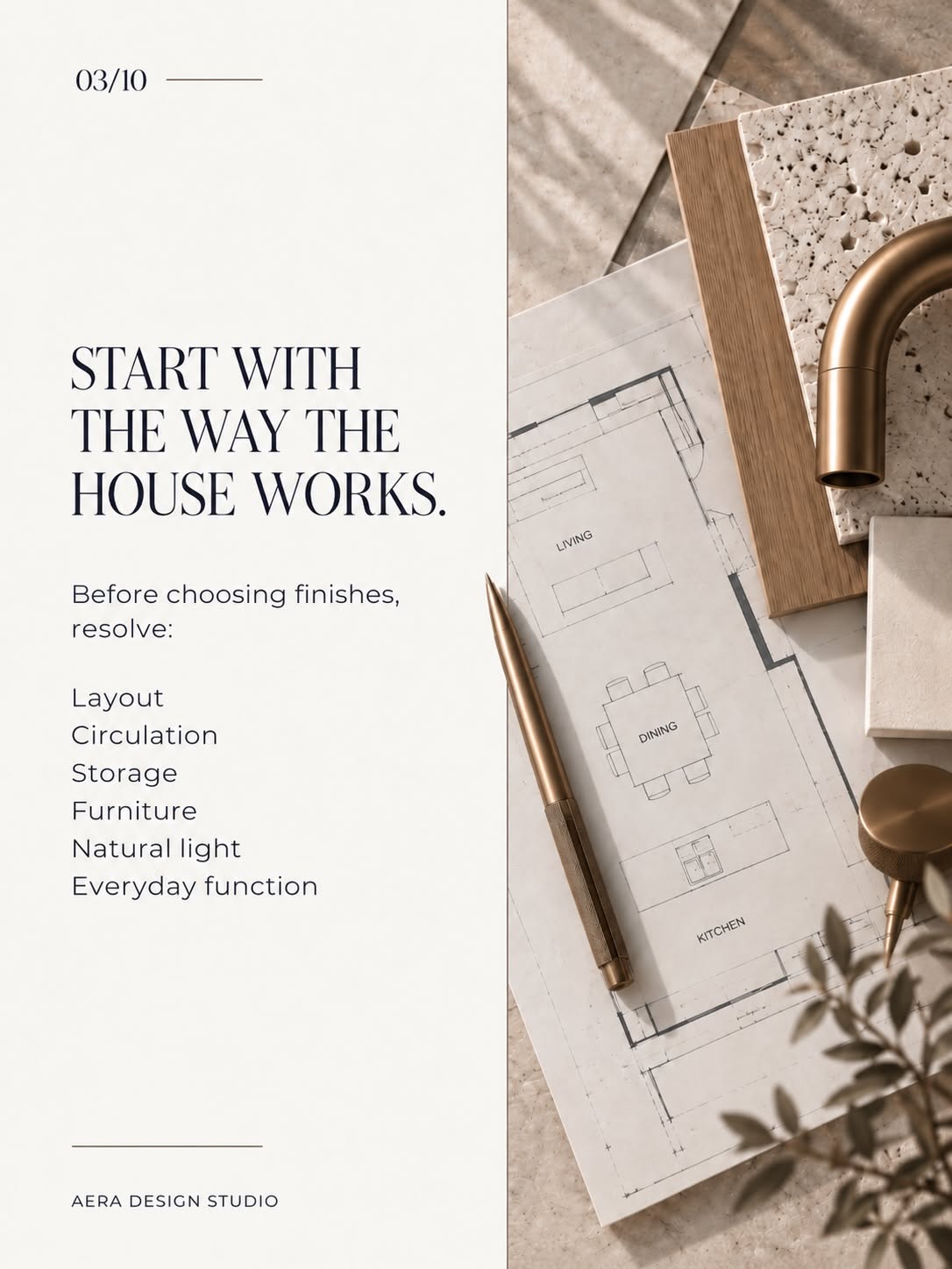 Carousel: Material moodboard of stone, wood and metal finishes, slide 3