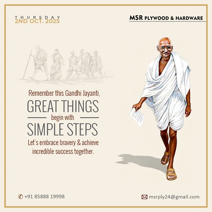 Gandhi Jayanti creative ad: Illustrated full-body portrait of Mahatma Gandhi walking