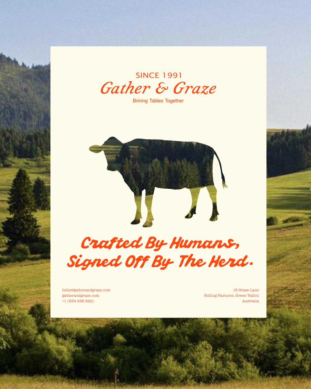 Instagram post: Poster in landscape, cow cutout reveals field