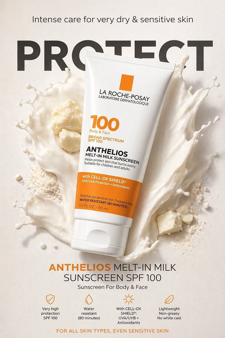 Sunscreen & Sun Care creative ad: Premium milk-splash product presentation
