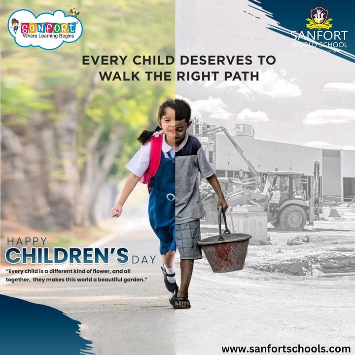Children's Day creative ad: Split composite of a schoolgirl running and a child labourer carrying a bucket