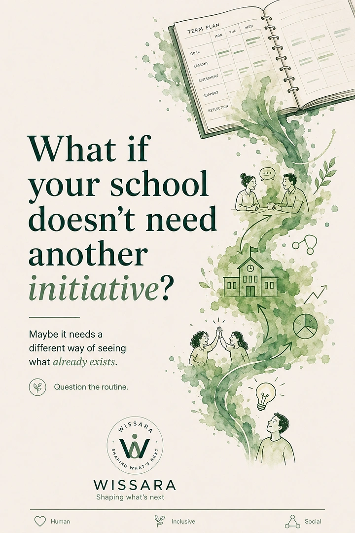 Creative ad: Green watercolour river flowing from a planner through school scenes