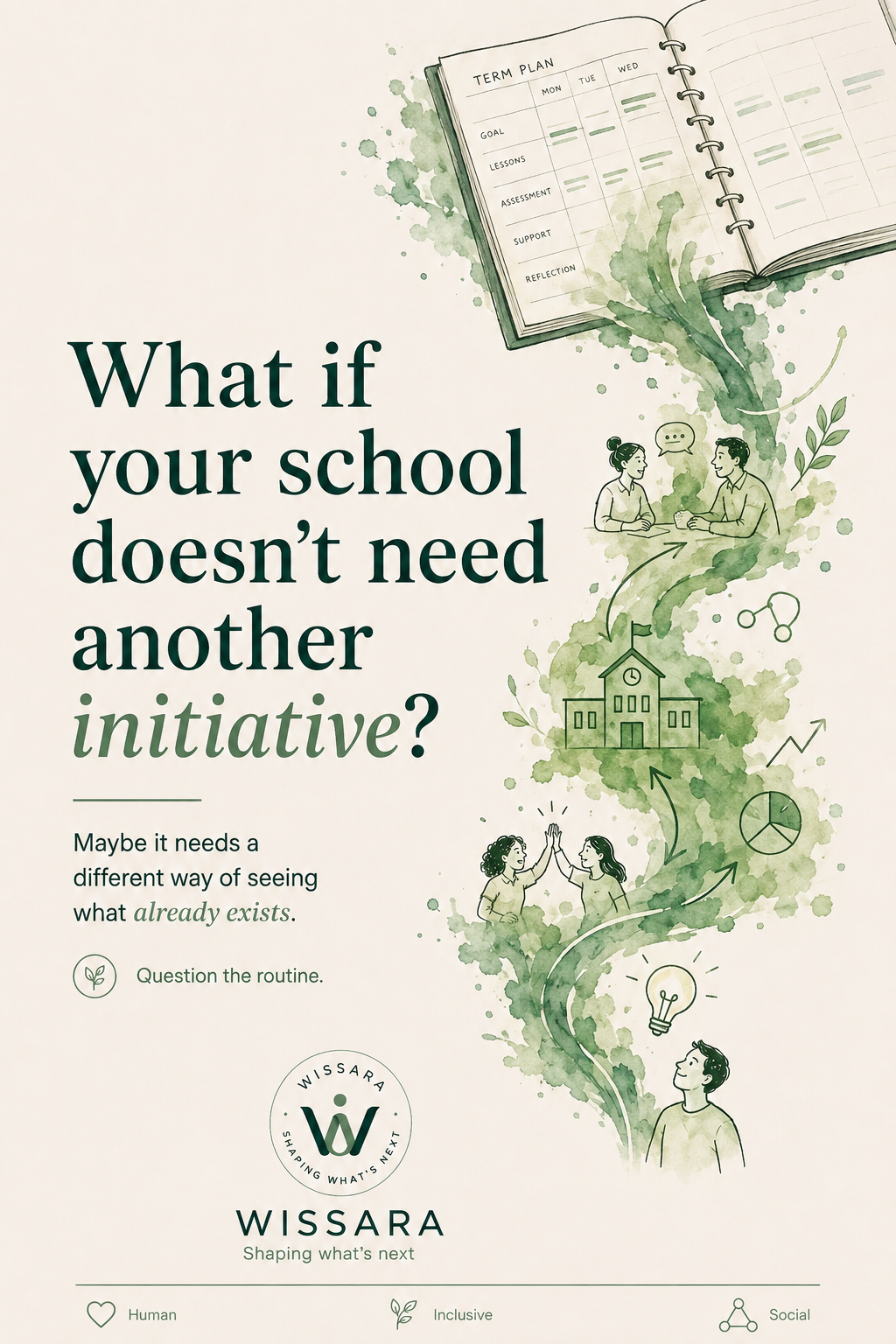 Poster: Green watercolour river flowing from a planner through school scenes