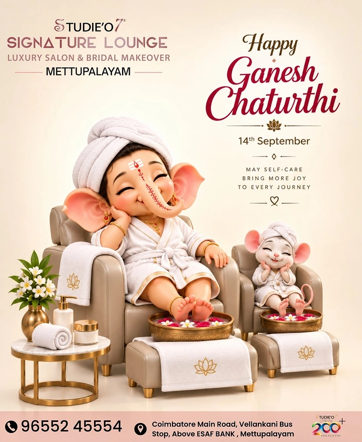 Ganesh Chaturthi creative ad: Cute 3D baby Ganesha and mouse relaxing in spa pedicure chairs