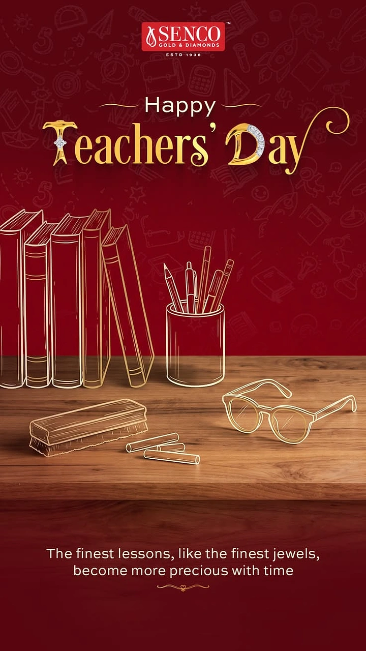 Teachers Day creative ad: Gold line-art teacher's desk items on a real wooden table