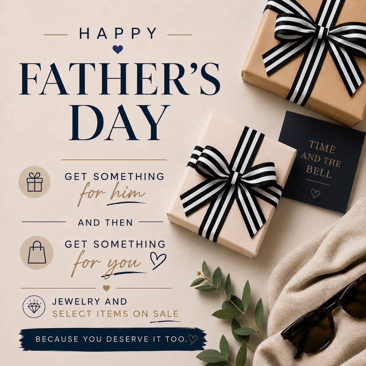 Father's Day Instagram post: Flat lay of kraft gift boxes tied with black-and-white striped bows