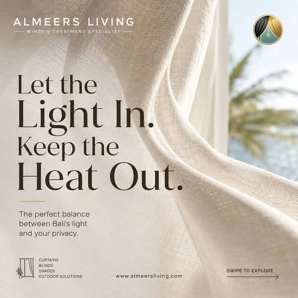 Curtains & Blinds creative ad: Billowing sheer linen curtain by a window overlooking palm trees and the sea