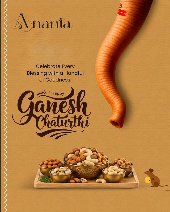 Ganesh Chaturthi creative ad: Ganesha's trunk reaching toward bowls of dry fruits