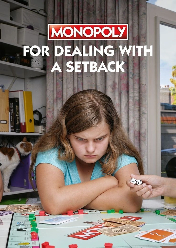 Board Games & Game Cafes creative ad: Monopoly reframed as handling setbacks