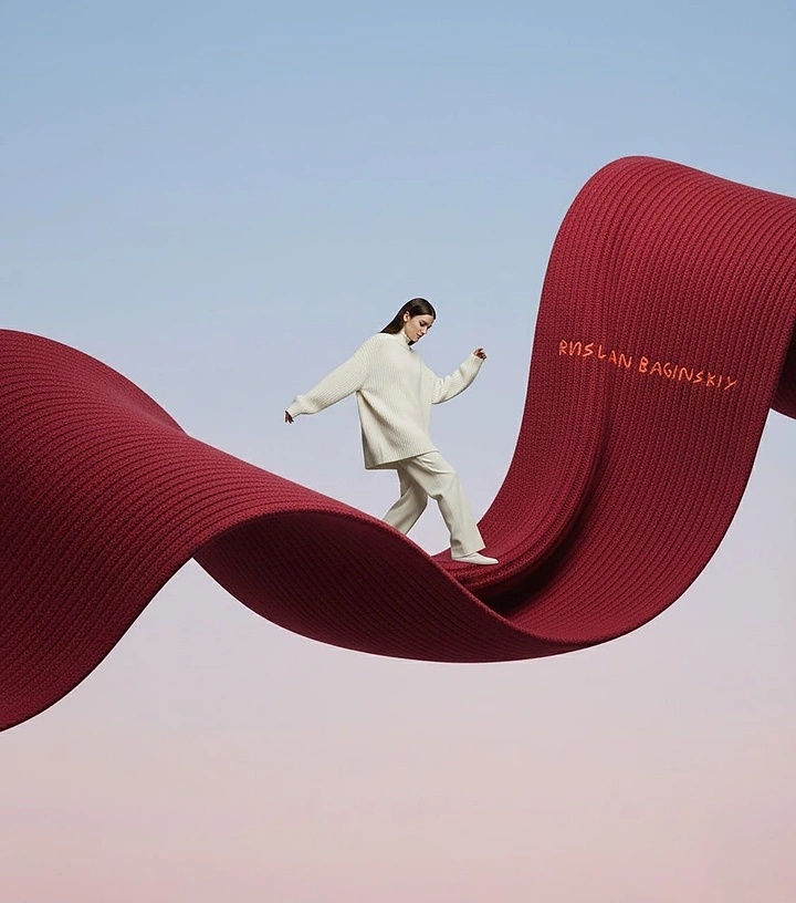 Fashion creative ad: Model in cream knitwear walking along a giant undulating red knitted scarf
