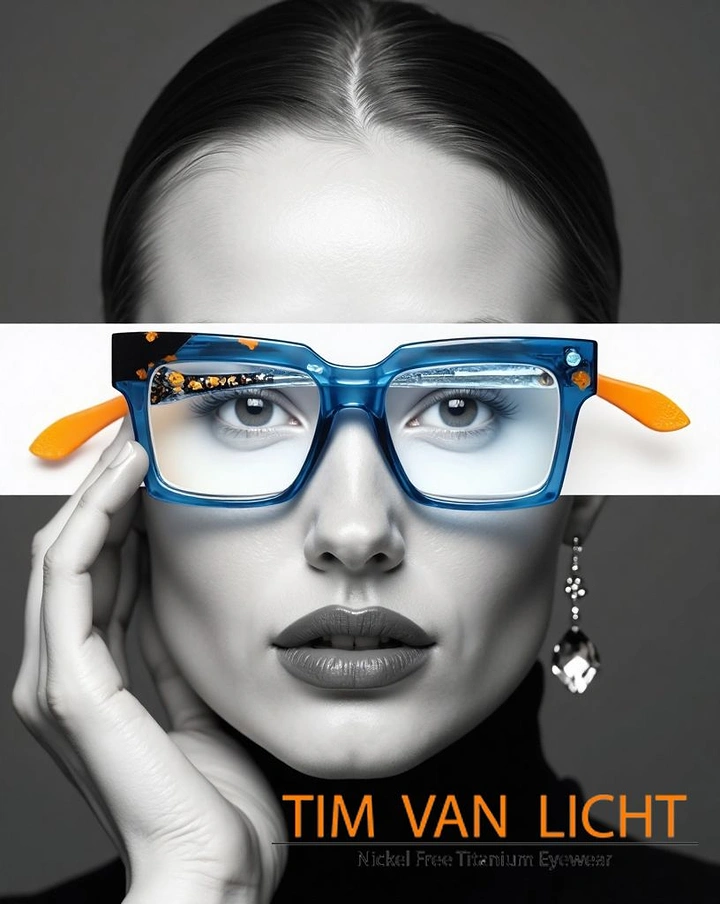 Opticians & Eye Care creative ad: Monochrome female portrait wearing vivid blue-and-orange glasses