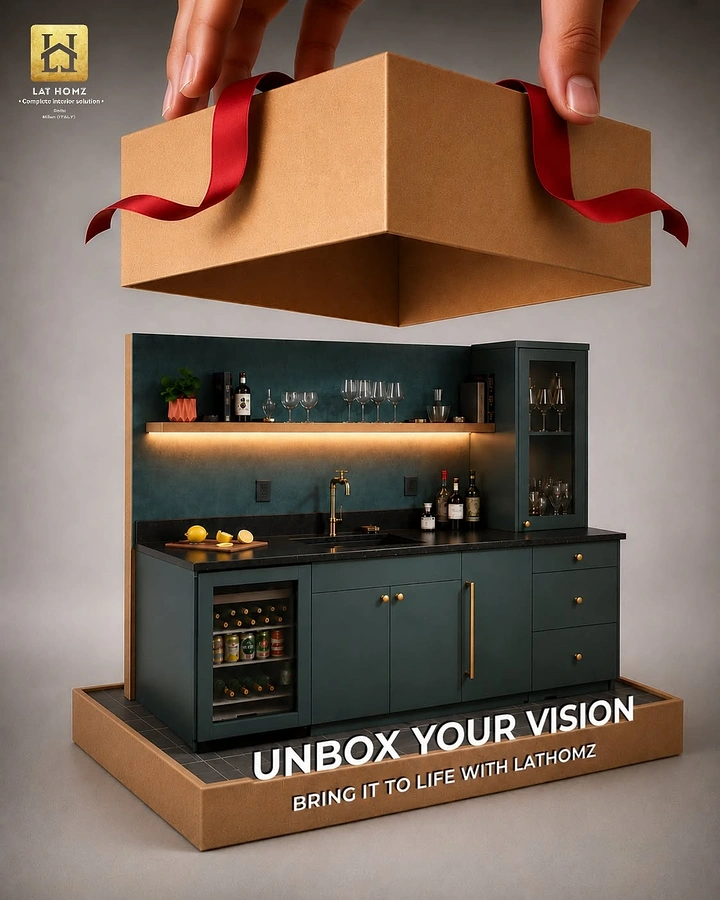Modular Kitchens creative ad: Hands lifting gift box lid to reveal miniature home bar unit