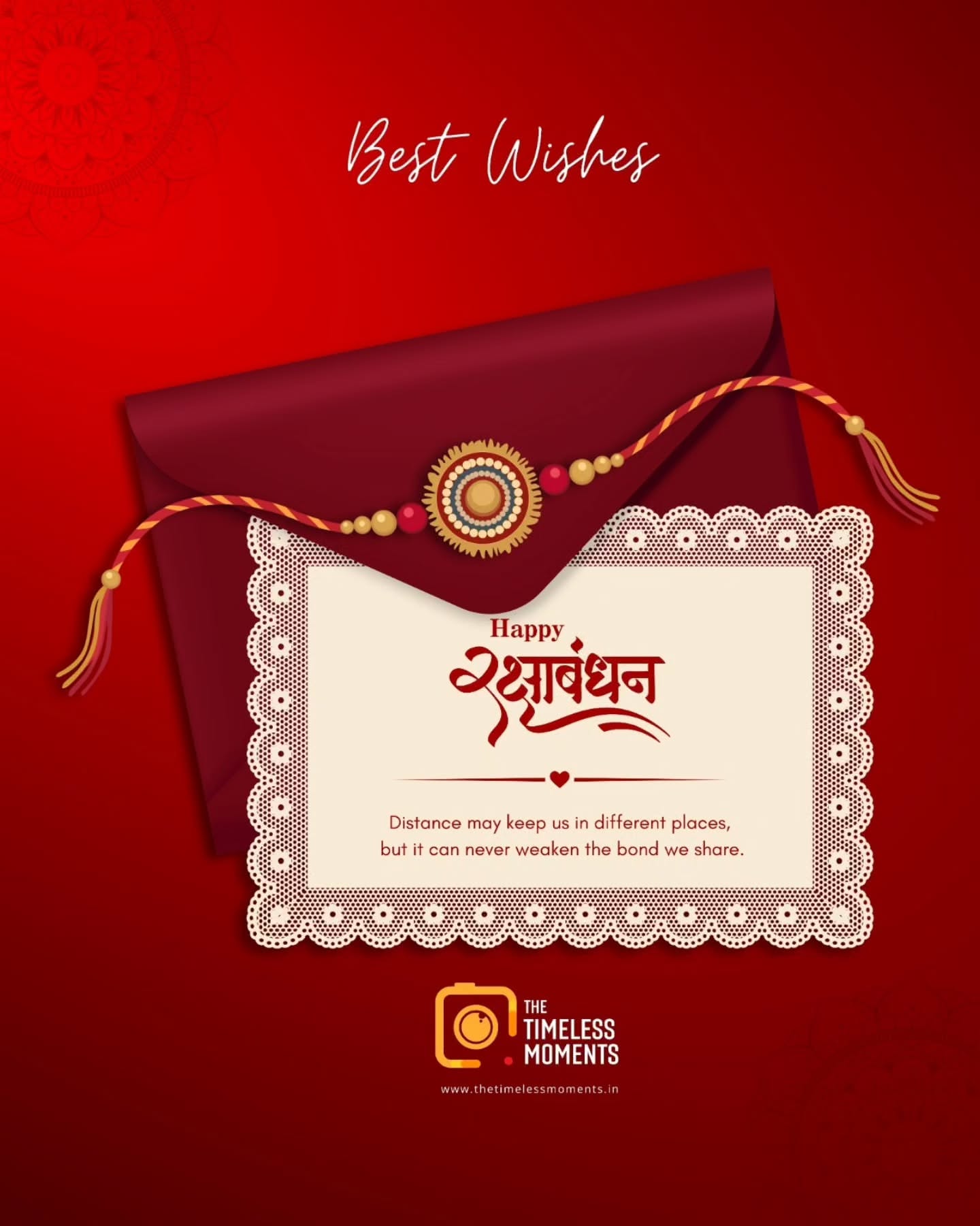 Raksha Bandhan Instagram post: Maroon envelope with a lace-edged greeting card and a rakhi draped across it
