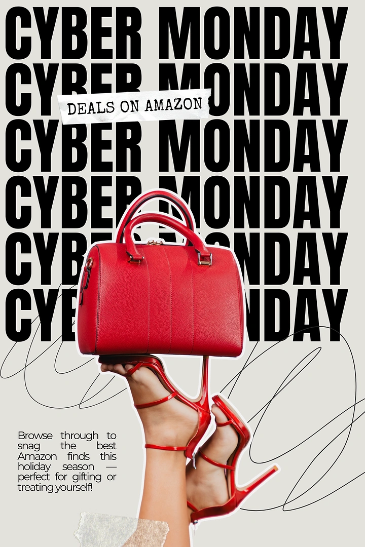 Cyber Monday creative ad: Legs in red heels balancing a red handbag
