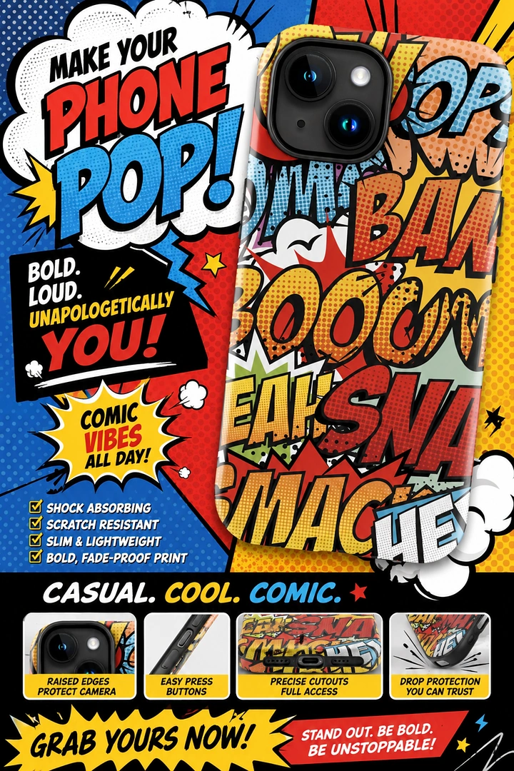 Phone Cases & Mobile Accessories creative ad: Comic-book pop-art treatment sells phone personality