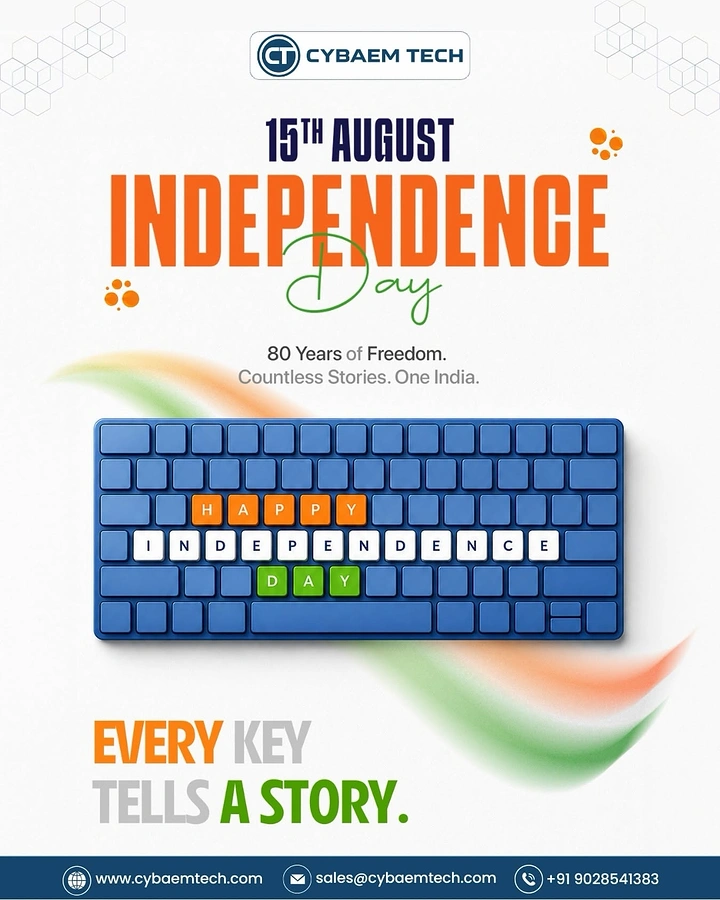 Independence Day creative ad: Blue keyboard with keycaps spelling Happy Independence Day in tricolour