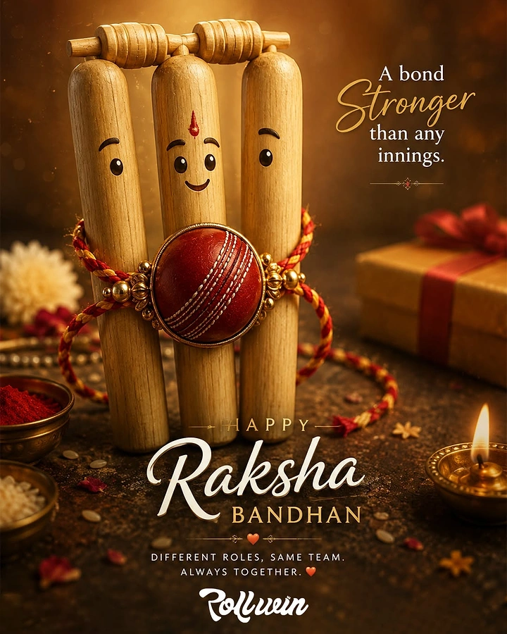 Raksha Bandhan creative ad: Anthropomorphic cricket stumps tied together by a cricket-ball rakhi