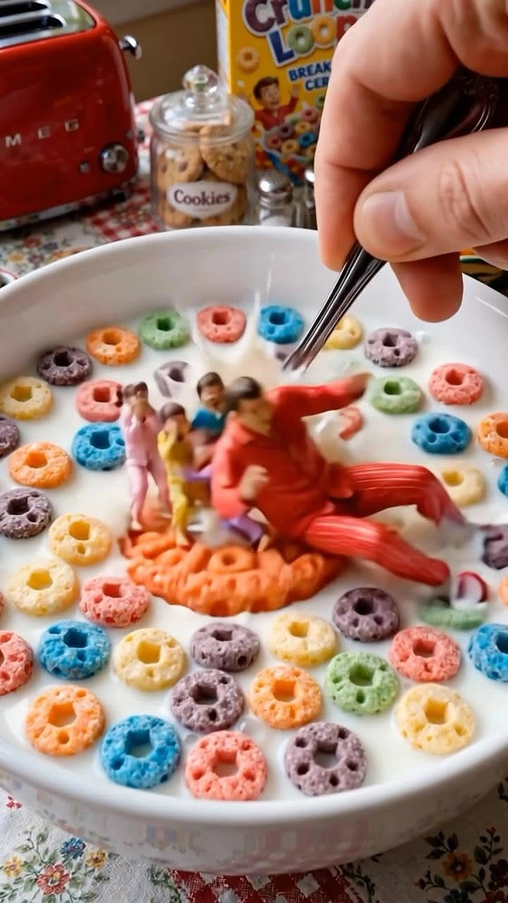 Breakfast Cereals & Oats creative ad: Miniature people create surreal cereal scene