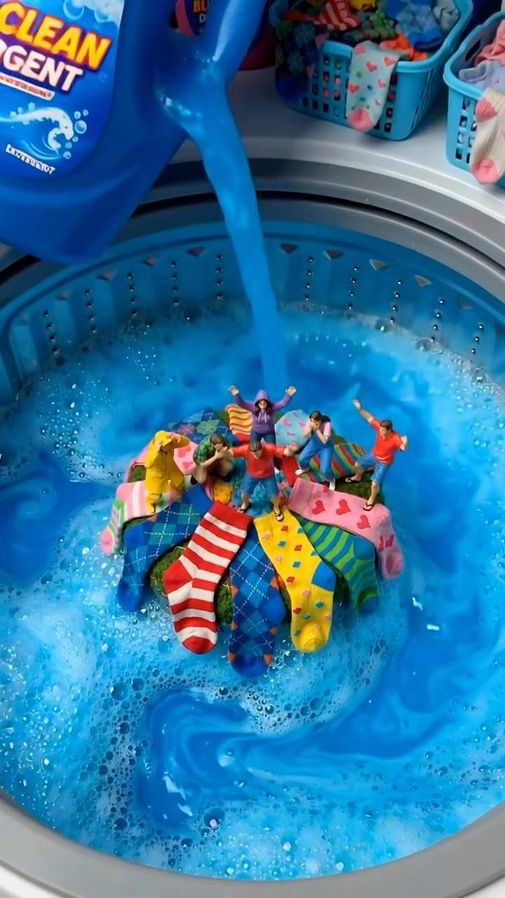 Laundry & Dry Cleaning creative ad: Tiny people on sock island in drum