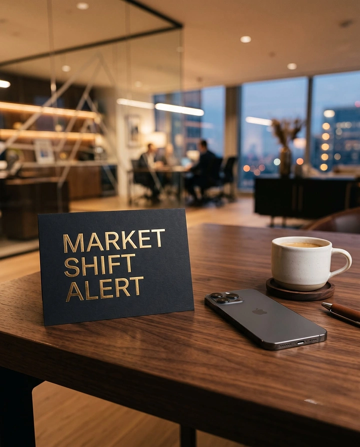Stock Brokers & Investing creative ad: Desk nameplate turned into market alert