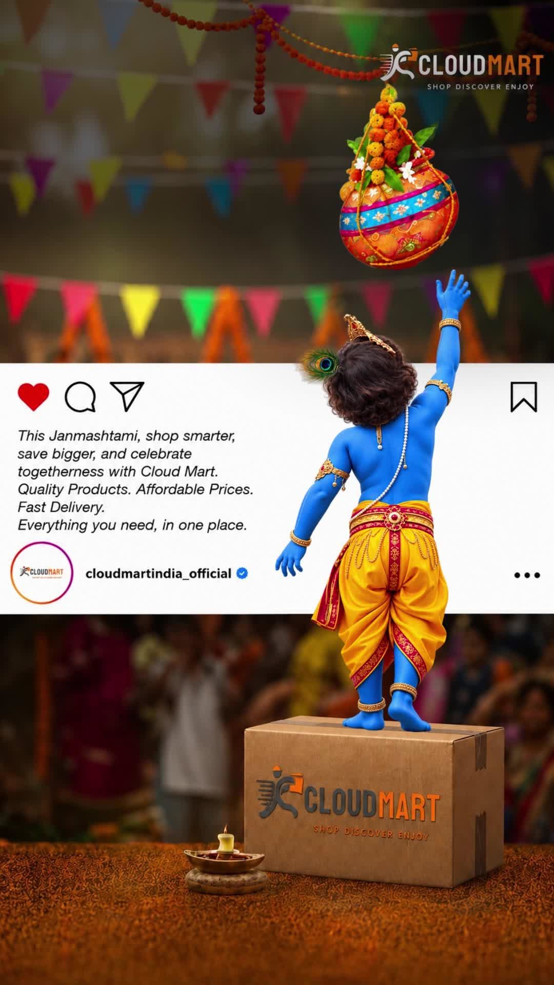Janmashtami Story: Baby Krishna standing on a branded delivery box reaching for a decorated dahi handi