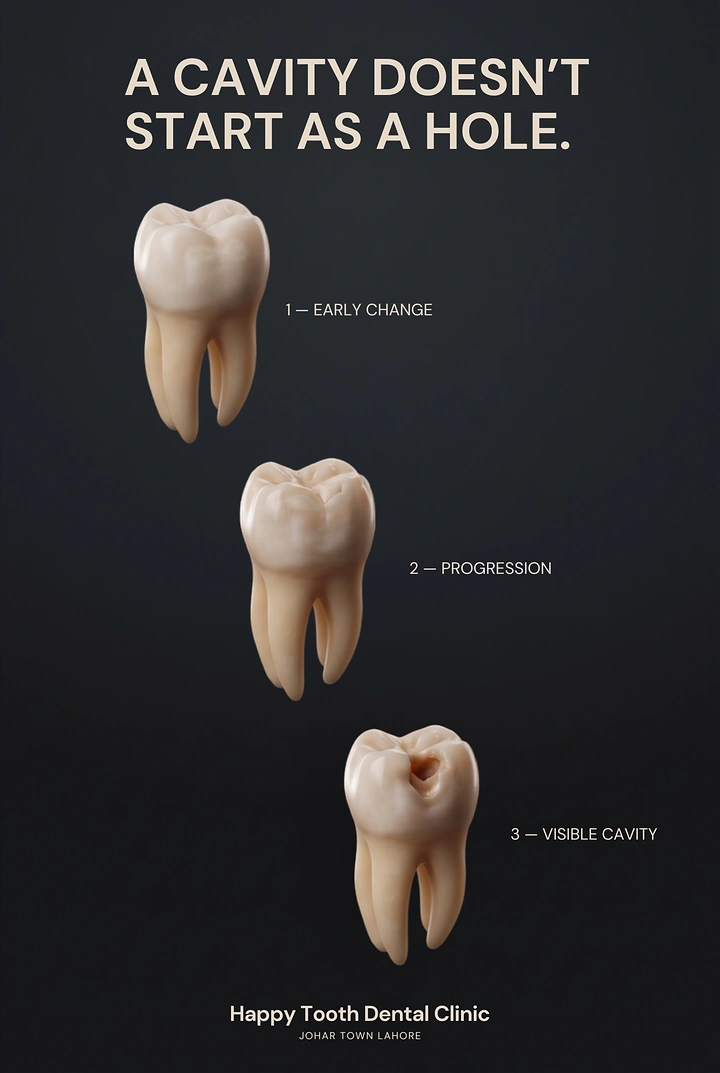 Dental creative ad: Three molars showing cavity progression
