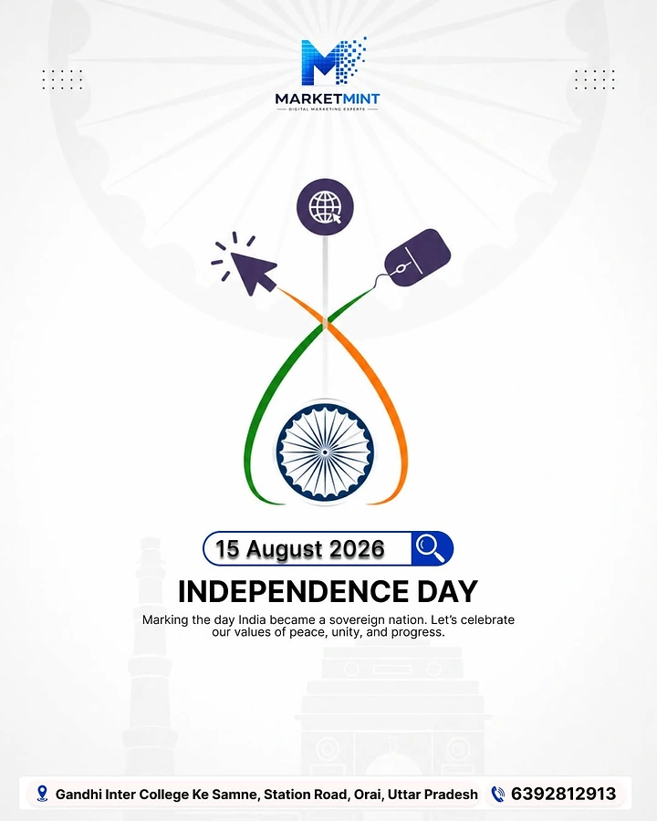 Independence Day creative ad: Ashoka chakra framed by saffron-green ribbons ending in cursor and mouse icons