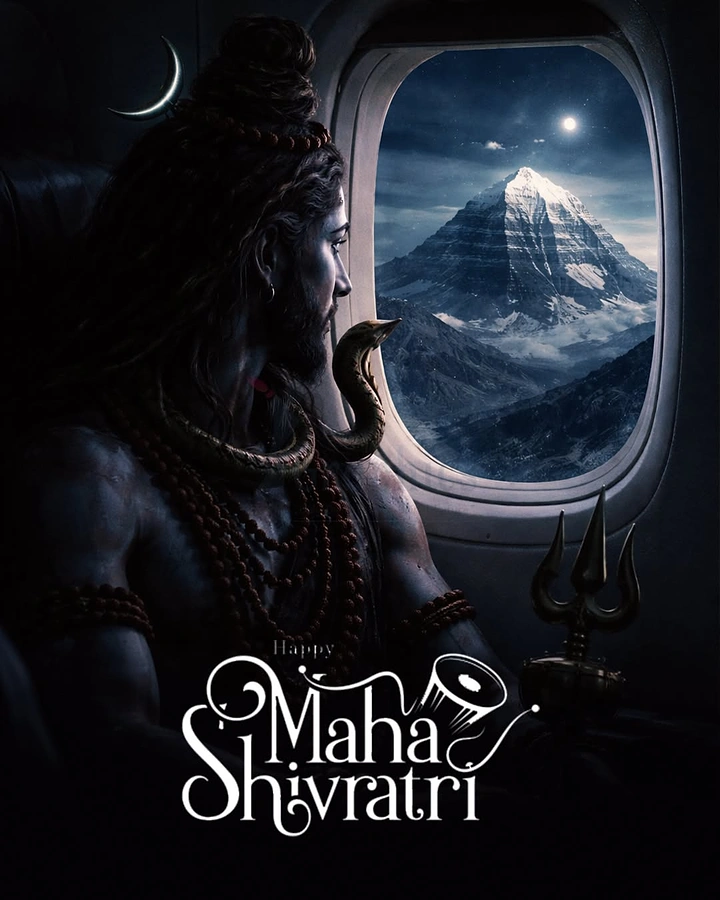 other-festival creative ad: Lord Shiva gazing at Mount Kailash from an airplane window