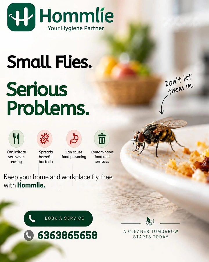 Pest Control creative ad: 'Small Flies, Serious Problems' fly on food