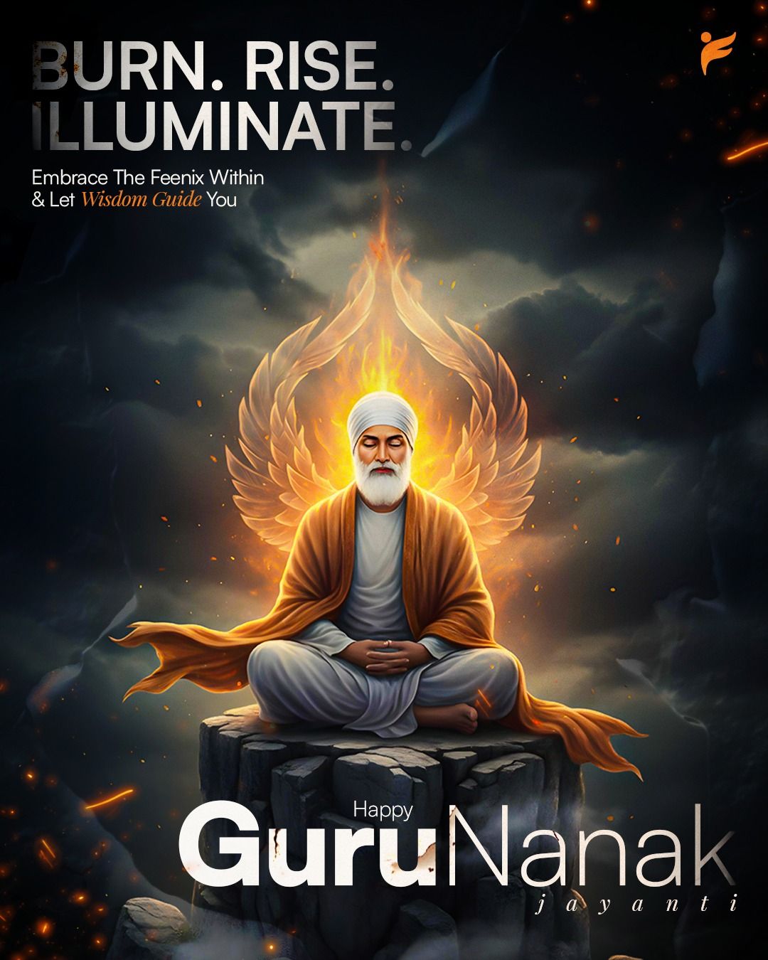 Guru Nanak meditating on a rock with fiery phoenix wings