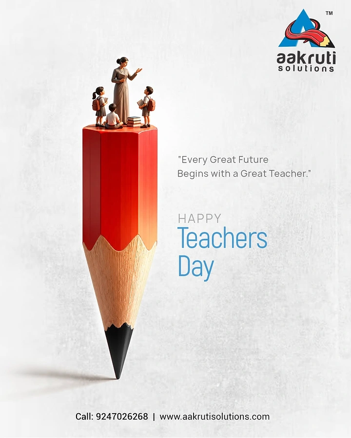 Teachers Day creative ad: Giant red pencil with teacher and child figurines on top