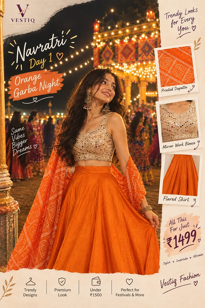 Navratri creative ad: Woman in an orange lehenga at a nighttime garba festival