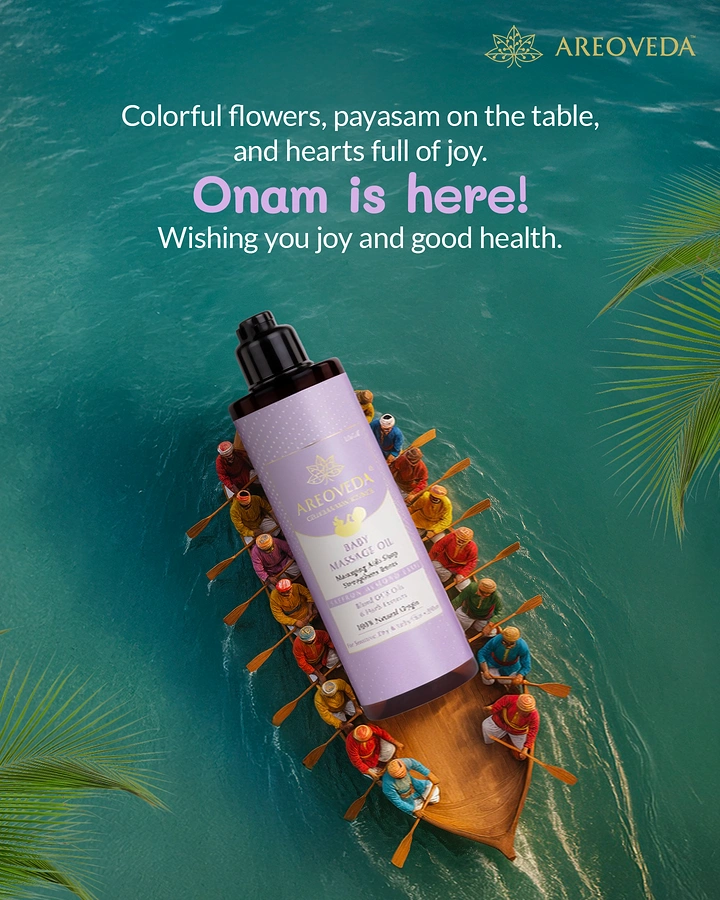 Onam creative ad: Baby massage oil bottle riding a boat of rowers