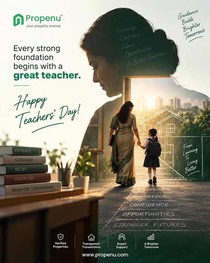 Teachers Day creative ad: Double exposure of a teacher's profile over a teacher walking a schoolgirl toward a sunlit house