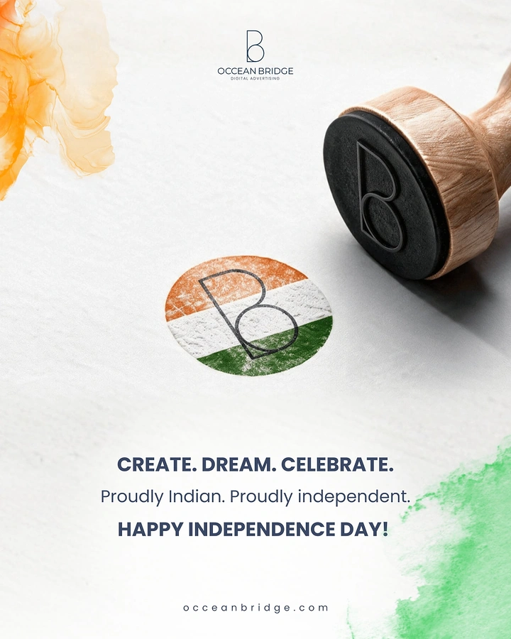 Independence Day creative ad: Wooden rubber stamp beside a tricolour logo impression on paper