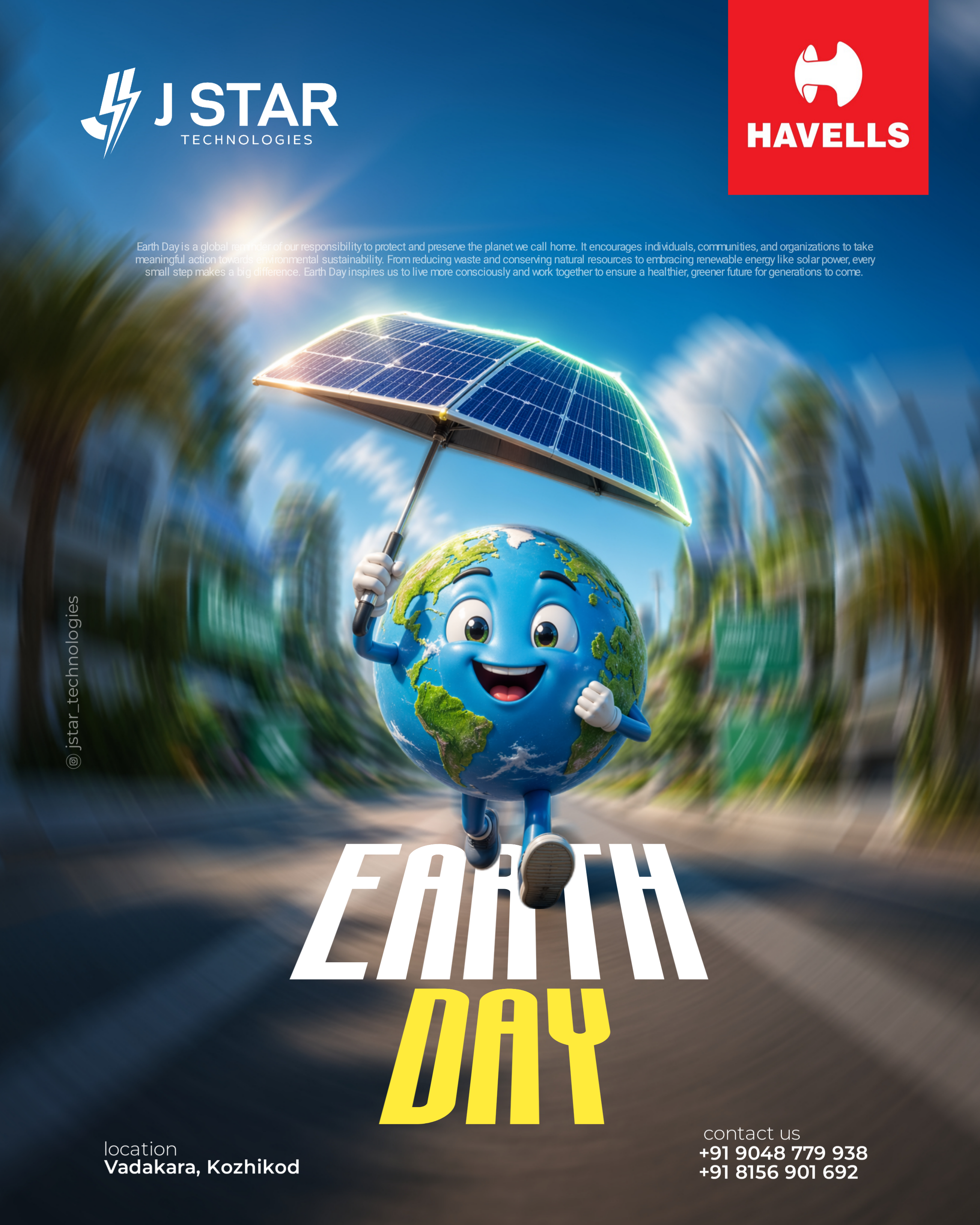 other-festival Instagram post: Smiling cartoon Earth running under a solar-panel umbrella