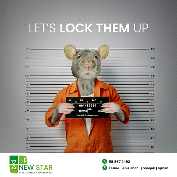 Cleaning Services creative ad: Rat-headed prisoner in a mugshot holding a booking board