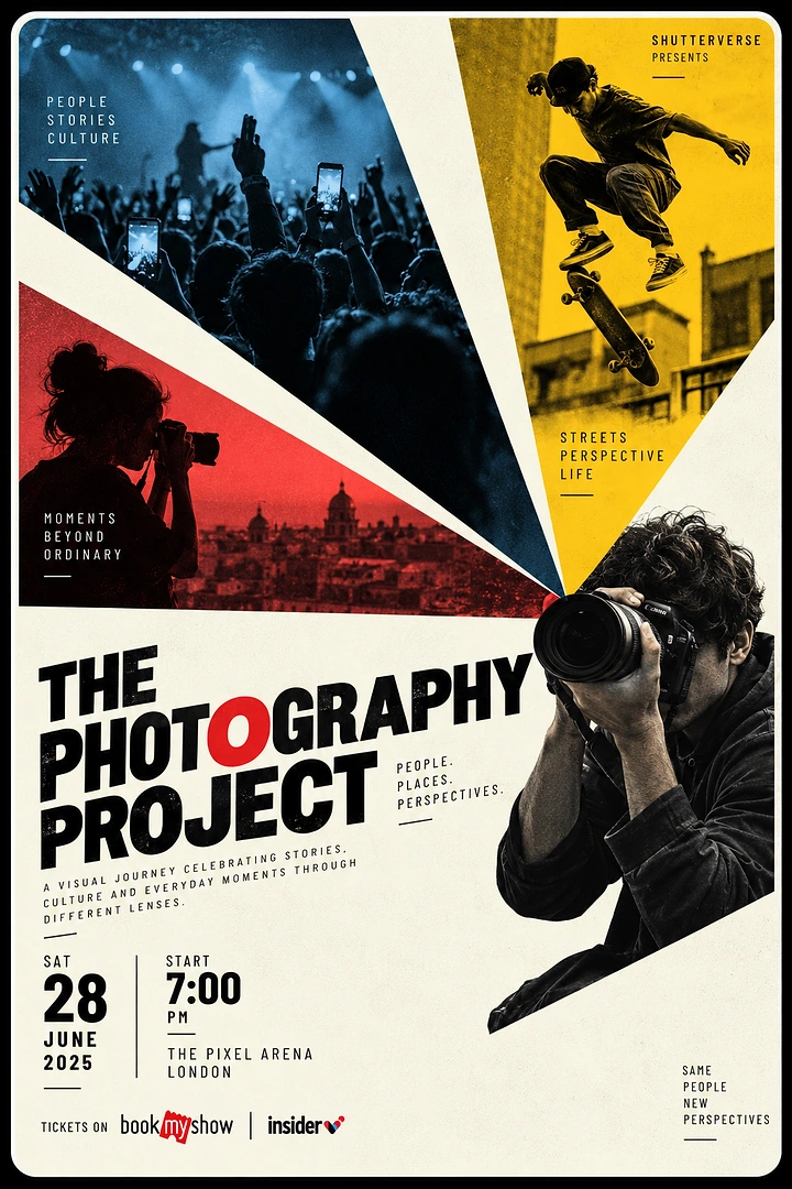 Photography creative ad: Photographer with camera, radiating duotone photo wedges