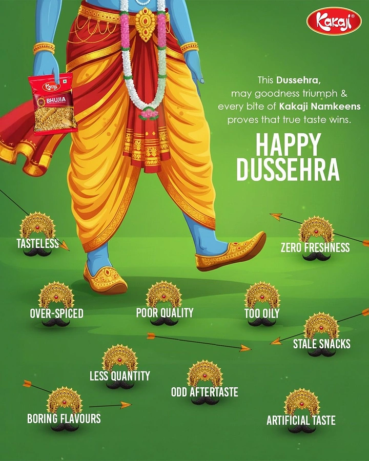 Dussehra creative ad: Mythological warrior defeating snack-quality flaws with arrows